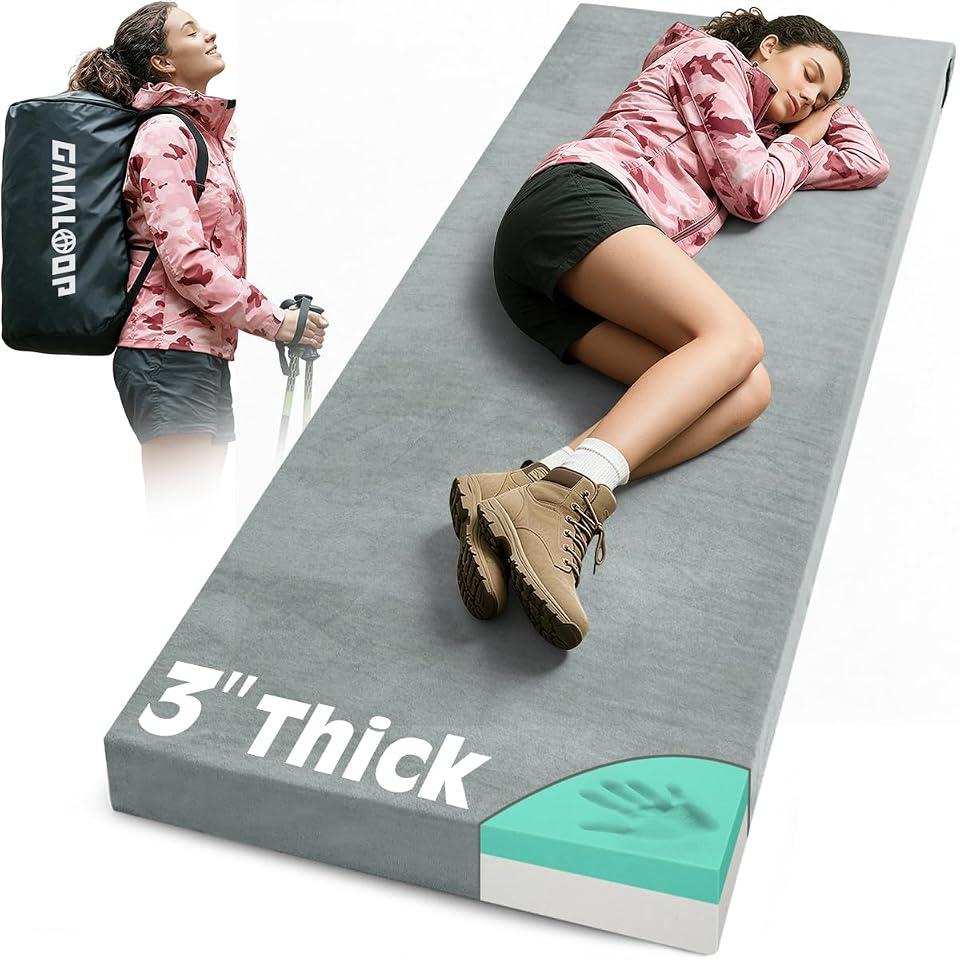 Gaialoop Memory Foam Cot Mattress, 3 Inch Camping Sleeping Pad, Space Gray | Dual-Layer Memory Foam + Support Foam, 72 x 24 in Cot Size, Washable Cover, Non-Slip Bottom, Carry Bag and Straps