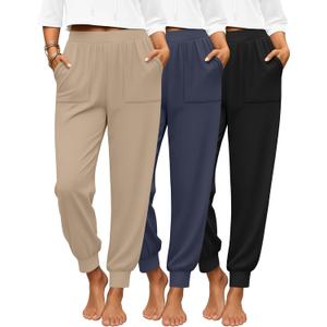 3 Pack Women's Lounge Joggers High Waist Yoga Pants Athletic Workout Pajama Comfy Tapered Sweatpants with Pockets (XX-Large, Black, Charcoal Gray, Khaki)