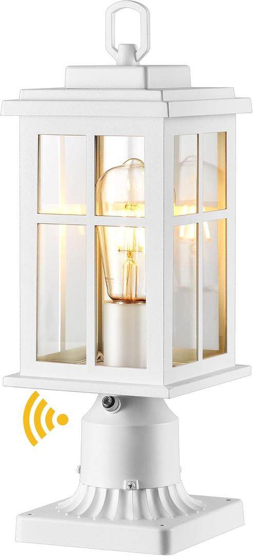 Dusk to Dawn Outdoor Post Lights, White Post Lights Outdoor with Pier Mount Base, Waterproof Lamp Posts Outdoor Lighting with Tempered Glass for Garden, Porch(Hardwired 120V, Not Solar)