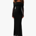 REORIA Women Off Shoulder Long Sleeve Dress Elegant Sexy Stretch Mesh Double Lined Slim Trendy Long Dresses Small