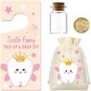 Wooden Tooth Fairy Door Hanger Sign with Keepsake Bottle Coins Pouch, Tooth Fairy Tooth Holder Encouraging Gift for Lost Teeth Boy Girl(Pink)