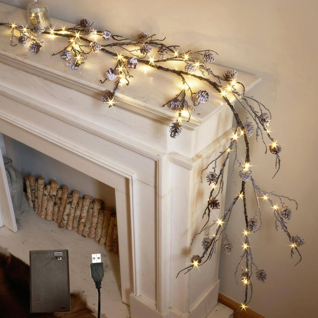 LITBLOOM Lighted Flocked Garland with Pine Cone Battery Operated and USB Plug in, Twig Garland Lights with Timer 6FT 120 LED Lights for Fireplace Mantle Table Christmas Decoration