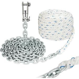 Windlass Anchor Rode Rope/Chain, 1/2" Anchor Line 3-Strand 200ft with 1/4" G4 Hot-Dipped Galvanized Anchor Chain 15ft and Swivel Connector Kit