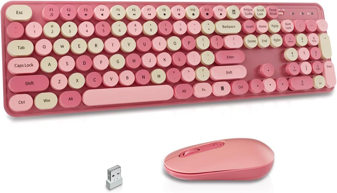 LIZRROT Wireless Keyboard and Mouse Combo, Round Keycaps, Retro Typewriter Keyboard Silent, Auto Sleep, 2.4G Wireless Connection for PC/Windows/Mac (Pink)