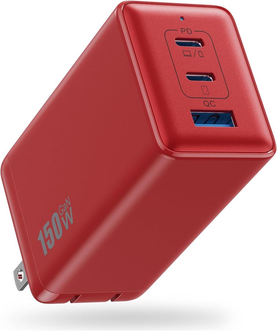 150W USB C Charger Block, GaN III Compact Foldable Wall Charger 3 Port Fast Charging Station, PD QC PPS Portable USB C Hub 100W Laptop Adapter for MacBook Pro/Air, iPad, iPhone 17/Pro, Galaxy S24,Dell etc (Red)