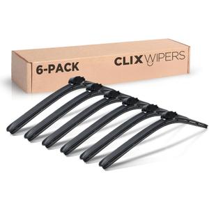 ClixWipers 22-Inch Windshield Wiper Blades – 6 Pack Automotive Replacement Windshield Wiper Blades, All-Weather Car Accessories, Fits J-Hook, Pinch Tab & Top Button Wiper Arms