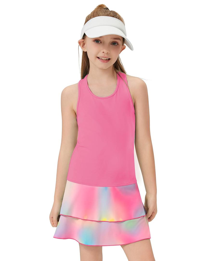WOWENY Girls Tennis Dress Sleeveless Golf Outfit Kids Workout Sports Sets Athletic Dress with Shorts Pockets 4-14 Years Pink Tie-dye S (Pink, S)