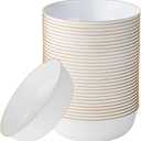 [30 Pack 16 OZ Bowls] Edge Collection White with Gold Rim Plastic Party Soup Bowls Premium heavyweight Elegant Disposable Tableware Dishes