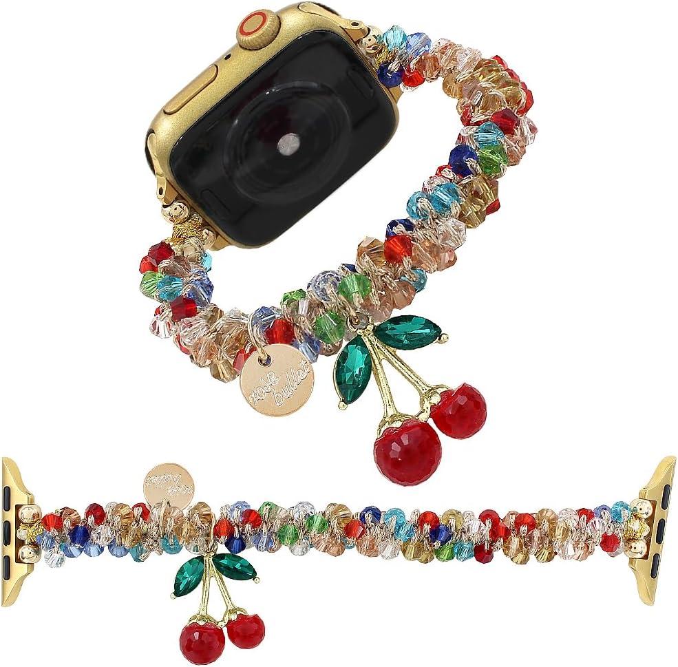 Stretchy Crystal Beads Band Compatible with Apple Watch Bands 38 40 41 42 44 45 46 49mm Women,Elastic Beaded Wristband with Cherry Charms Pendants for iWatch Series 10 9 8 7 6 5 4 3-1 Ultra SE (Colorful Red)