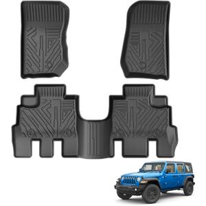 Powerty Floor Mats for Jeep Wrangler JK 2014-2018 Unlimited 4-Door (NOT for JL or 2-Door) All Weather TPE Custom Fit Car Mats Floor Liners 1st & 2nd Row, Black