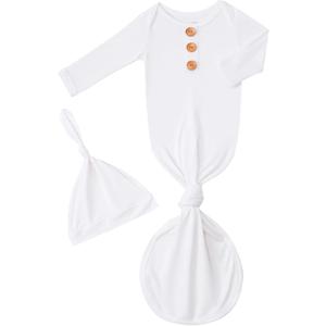 Newborn Baby Boys Girls Knotted Gown Hat Set Soft Bamboo Viscose Infant Sleeper Baby Sleep Gown with Mittens 0-3M
