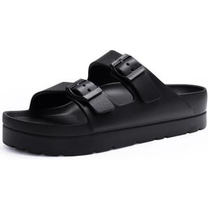 Goosecret Women's Platform Sandals with Arch Support, Chunky Lightweight Foam Slip on Slides, Comfortable Summer Beach Sandals with Adjustable Buckle (Black), Size 8-8.5
