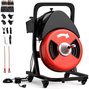 50FTx1/2 Inch Drain Cleaner Machine with Wheels, Sewer Snake Electric Drain for 2" to 4" Pipes, Plumbing Snake Auger Cleaner with 6 Cutter & Foot Switch for Sewer, Sink, Toilet, Bathroom (as picture)
