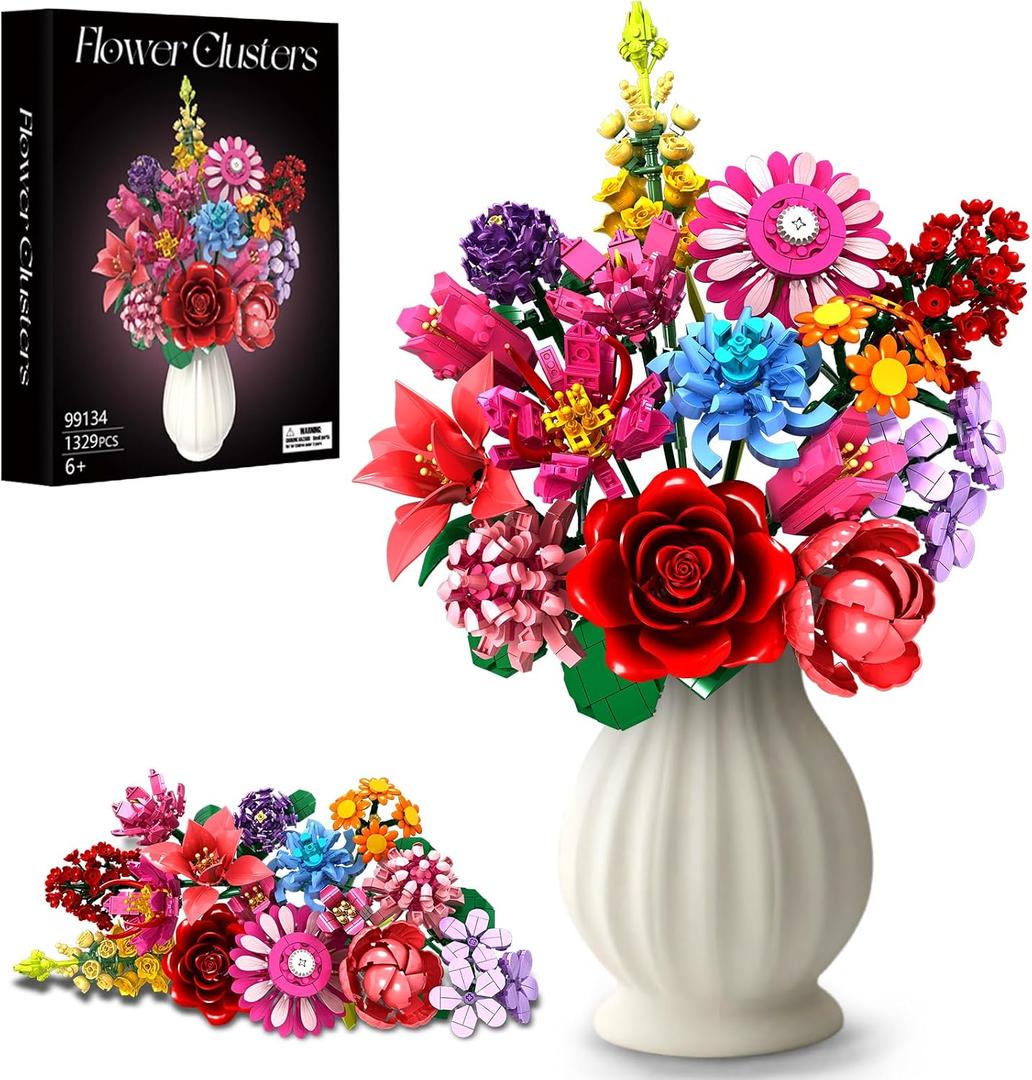 Flower Building Blocks Set, 1329PCS Everlasting 14-Style Floral Bouquet Kit, DIY Assembled Colorful Flower Decor for Home/Office, Mothers Day Birthday Gift/Anniversary