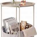 VECELO Round Side/End Table with Fabric Storage BasketMetal Anti-Rust and Waterproof Small Bedside Nightstand with Removable Tray Top for Living RoomBalcony & LaundryGrey /1pc with Basket