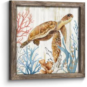 Framed Turtle Wall Art Decor: Wooden Coastal Theme Ocean Life Painting Artwork Seabed Sealife Coral Picture Print Modern Bathroom Bedroom Living Room Kitchen Decoration 24x24 inch