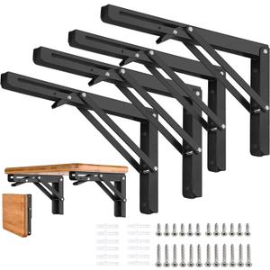 Folding Shelf Brackets - 18 inch 4 Pcs DIY Wall Mounted Shelf Brackets for Garage Workstation, Stuff Supports, Plant Stand - Heavy Duty Metal Collapsible Floating Shelf Bracket Black