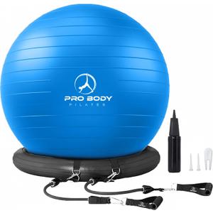 ProBody Pilates Yoga Ball Chair, Exercise Ball Chair with Base or Stand for Home Office Desk Sitting or Workout, 65cm Antiburst Balance & Stability Ball Seat, Large Gym Ball for Back, Abs (Blue with Bands)