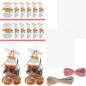 24 Set 50 Pcs Christmas Potpourri Cellophane Bags Potpourri Gift Bags Stovetop Simmer Instruction Tags Holiday DIY Crafting Kit for Home Xmas Party Gift Decor(6 x 12'', Square)