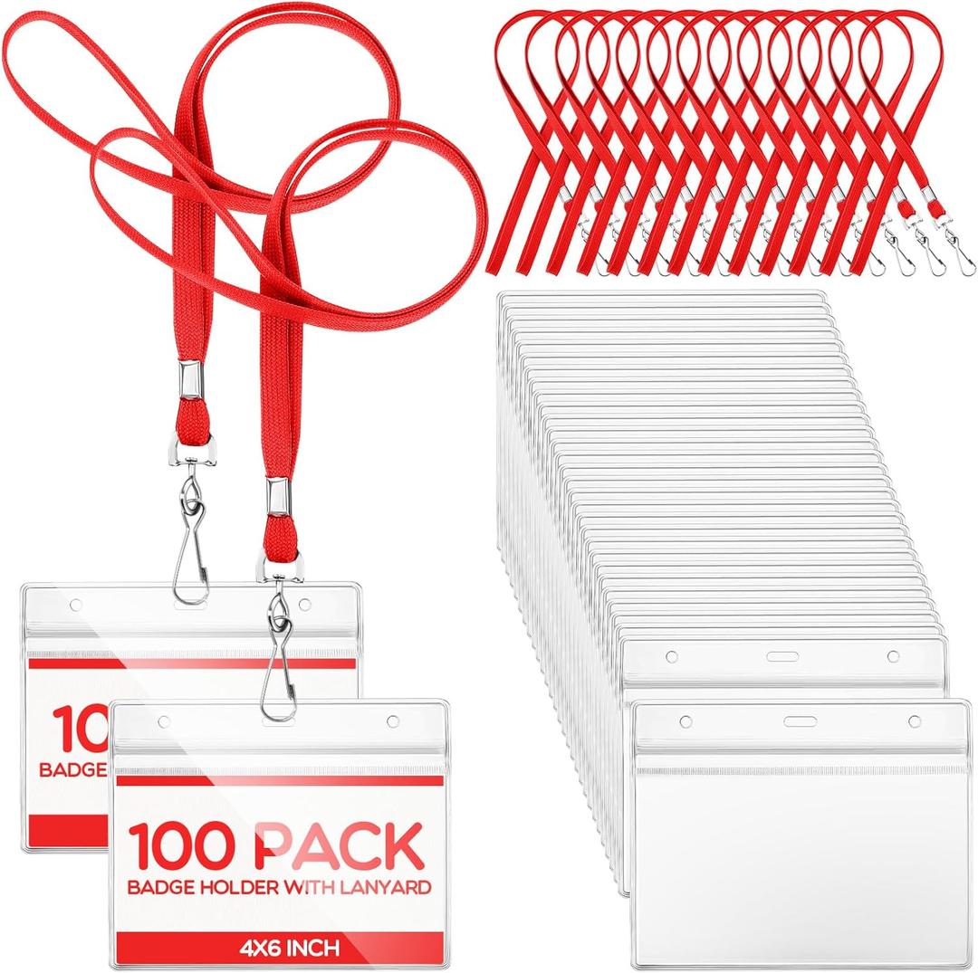 Patelai 100 Sets 6 x 4 Inch Badge Holder with Lanyard Horizontal Name Tag Lanyard with ID Holder Waterproof Clear Name Badge for Office Workers Volunteers (Red)