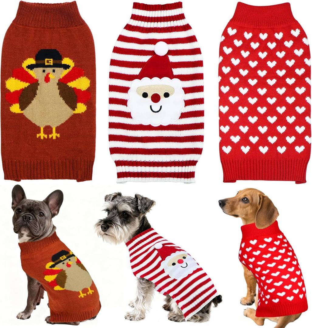 3 Pack Thanksgiving Christmas Valentine Dog Sweater, Knit Holiday Dog Sweater Thanksgiving Fall Warm Sweaters Outfit Clothes for Small Medium Large Dogs Pets (Turkey & Santa & Heart, Large)