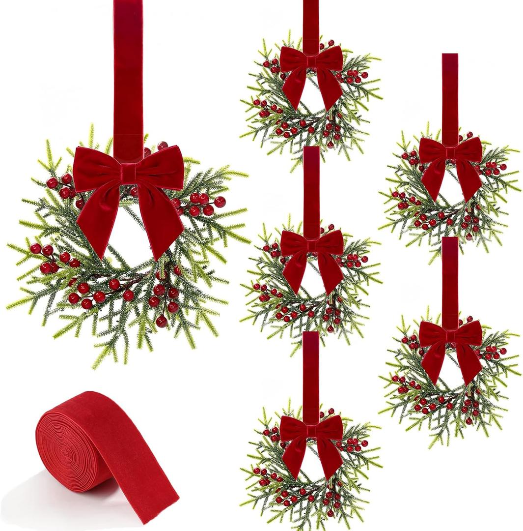 6 Pcs Christmas Kitchen Cabinet Wreaths with Red Velvet Ribbon Small Christmas Wreath Mini Cabinet Wreaths Farmhouse Wreath for Front Door Hanging Porch Wall Window Decor