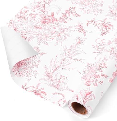 WERNNSAI Pink Flower Gift Wrapping Paper Roll - 1 Roll 17”x 33 ft Pink Vintage Floral Wrapping Paper Bridal Shower Wedding Wrap Supply Baby Shower Wrapping Paper for Girls Birthday