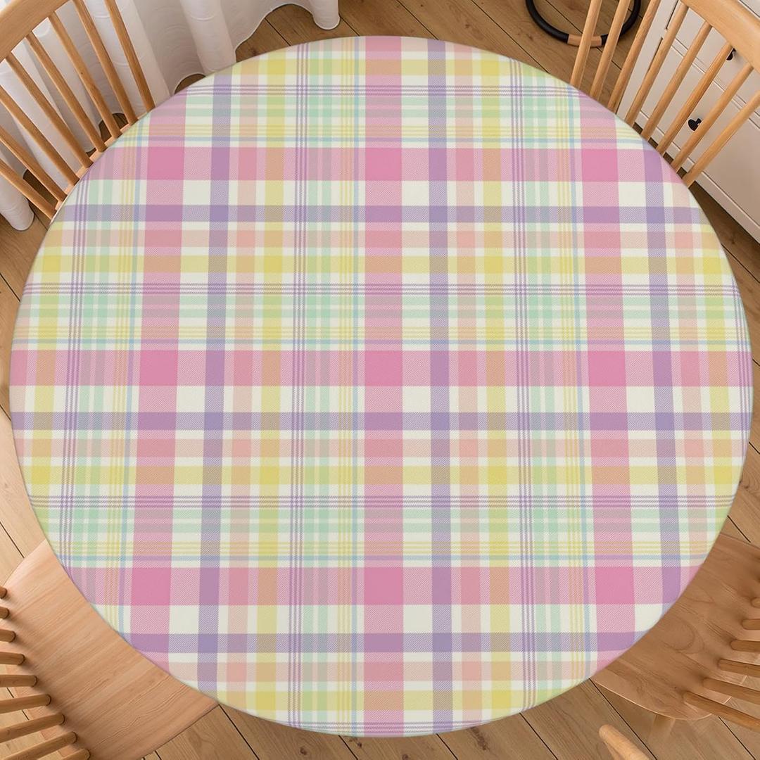 Easter Plaid Round Fitted Tablecloth with Elastic Spring Pastel Table Cloth Holiday Decorative Washable Seasonal Pink Checkered Decor Table Cover Outdoor Kitchen Dining Home Picnic for 40"-44" Table