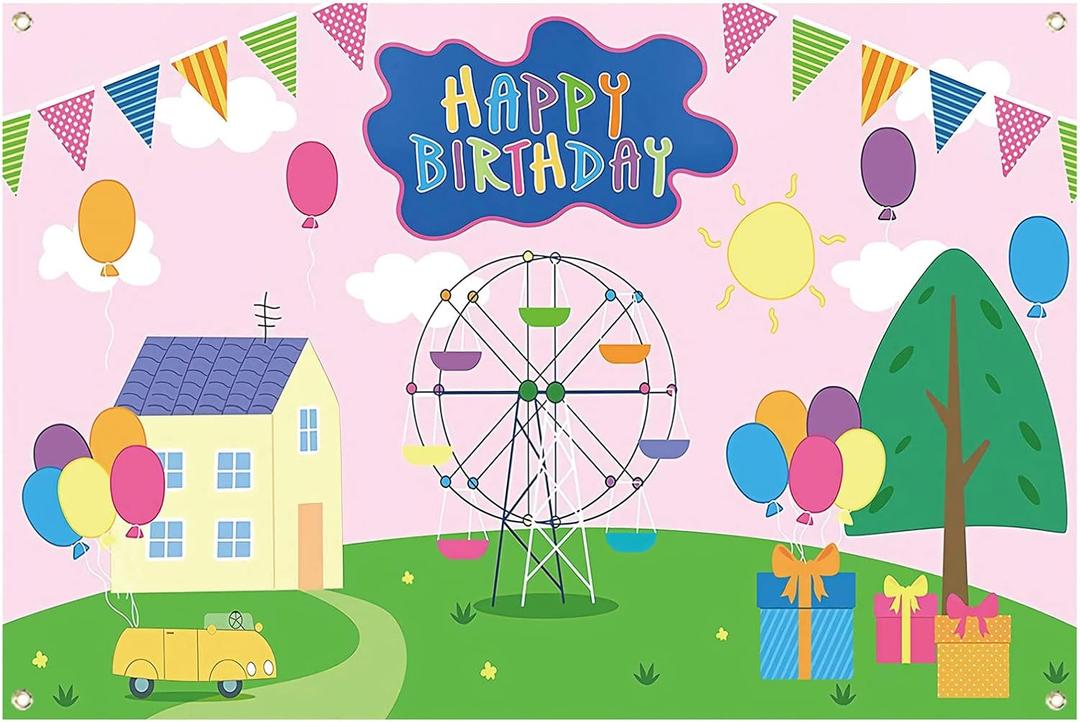 Happy Birthday Backdrop for Girl Boy Pig Theme 7x5ft Durable Fabric Birthday Backdrop for Girls Cartoon Ferris Wheel Rainbow Baby Shower Backdrop Decorations Photo Studio Photography Background (7x5ft, Pink)