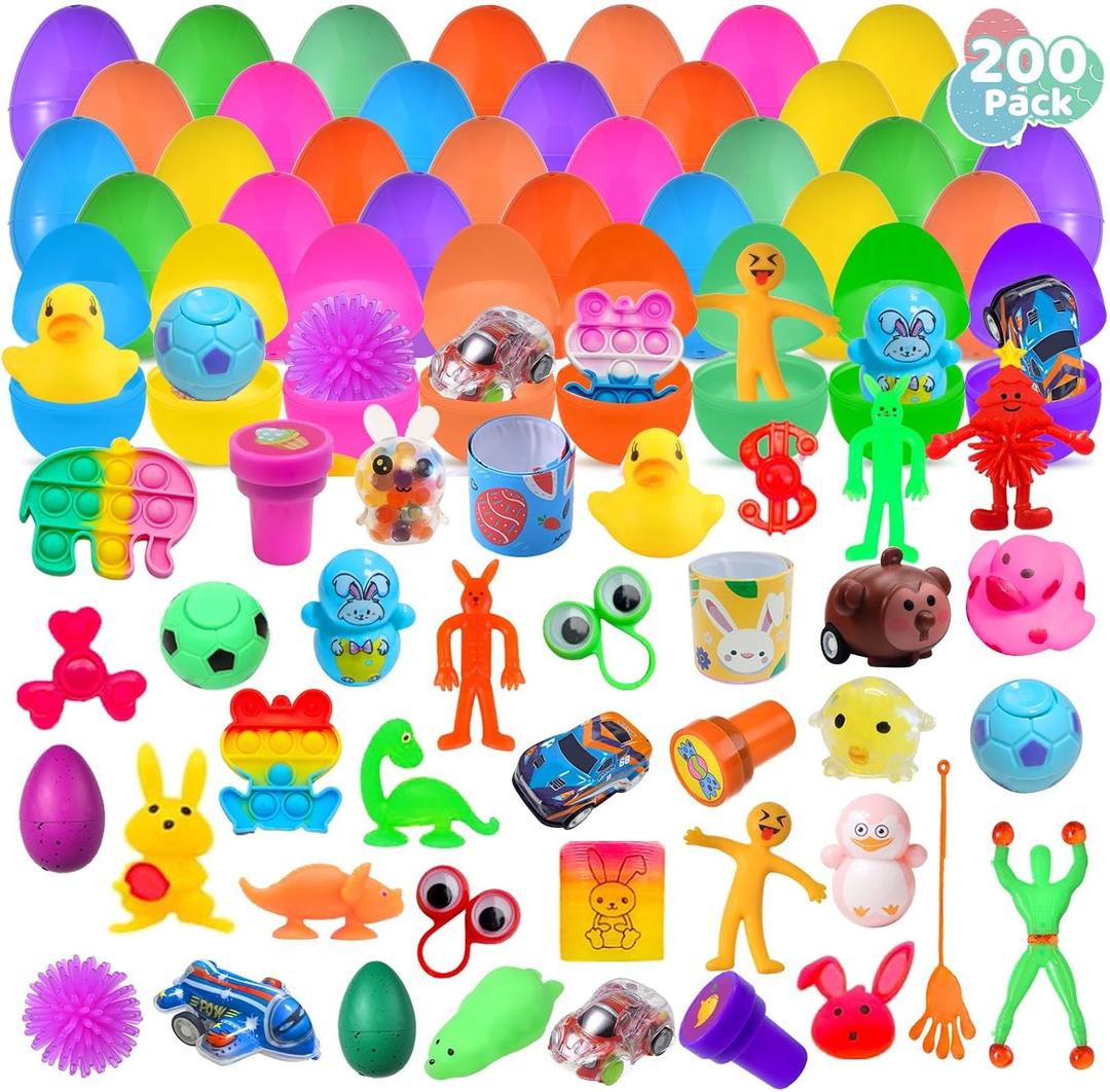 200 Pack Prefilled Easter Eggs with Mini Novelty Squishy Fidget Toys Inside Assorted Toys Great for Kids Girls Boys Easter Party Favors Basket Stuffers Eggs Fillers