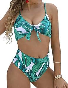 Blooming Jelly Womens High Waisted Bikini Set Tie Knot High Rise Two Piece Swimsuits Bathing Suits (Small, Banana Leaf)