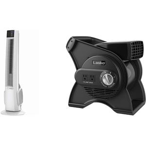 Lasko Oscillating Tower Fan with Remote Control and Pivoting Utility Blower Fan with Accessory Outlets, 3 Speeds