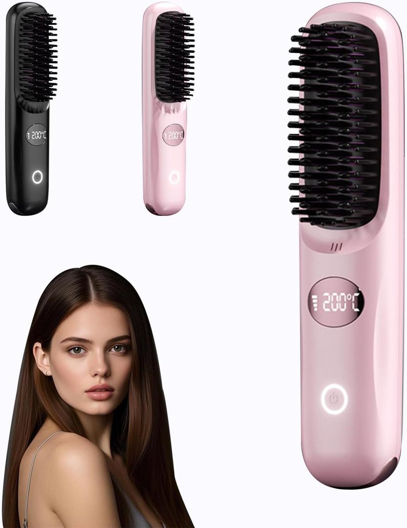 Cordless Hair Straightener Brush Pro, 2026 Upgraded Portable Hair Straightener, Type-C Fast Charging MCH Heating with 3 Temperature Settings, Ionic & Ceramic Care, Travel Styling Tool (Pink)