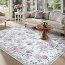 Lahome Purple Floral 5x7 Area Rugs, Boho Rugs for Bedroom Girls,Vintage Living Room Rug Non Slip Low Pile Ultra-Thin Large Carpet for Farmhouse,Dining Room,Kids,Nursery Nina(5'X7',Purple/Grey)