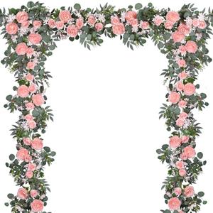 DearHouse 2Pcs Artificial Peony Flower Garland and - Silk Peony Garland with Flowers and Eucalyptus for Wedding Party Table Decoration,6ft/Strand (Pink)