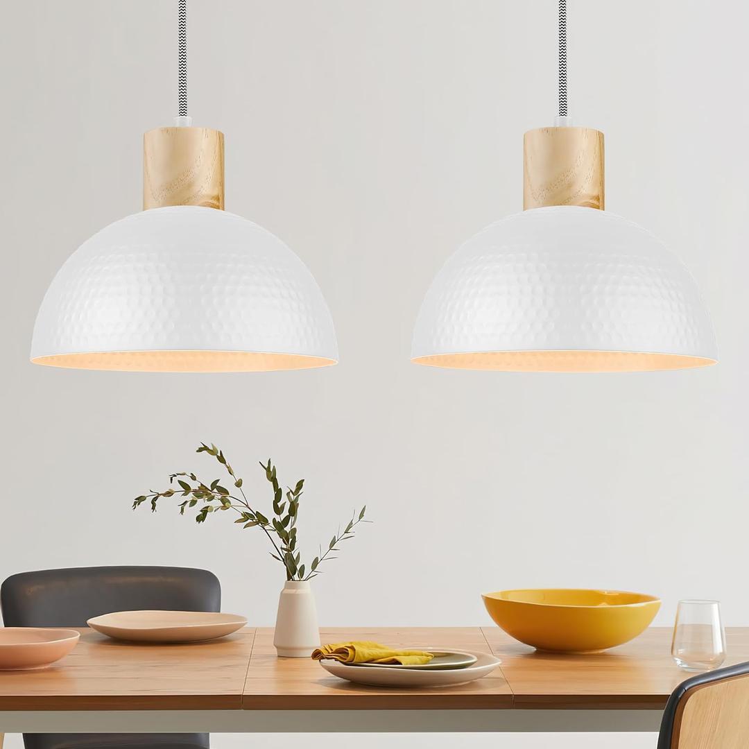 ELYONA 2 Pack Hammered Pendant Lights, 12" Modern Metal Dome Hanging Lamp Solid Wood Pendant Light Fixtures for Kitchen Island, Farmhouse, Dining Room, Sink, Bedroom, Hallway, Nordic White