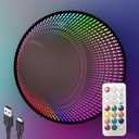 Infinity Mirror Light Round, Remote Controlled, USB Powered LED Wall Decor, Dimmable RGB Color Changing (Black, Remote Control)