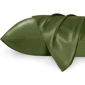 Bedsure Satin Pillowcase for Hair and Skin Queen - Olive Green Silky Pillowcase 2 Pack with Envelope Closure, Similar to Silk Pillow Cases, Gifts for Women Men, 20x30 Inches