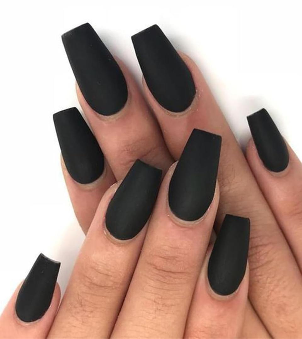 Black Press On Nails - Aegenacess Press On Nails Coffin, Matte Fake Nails with Glue Sticker, Press On Nails Long, Solid Color Stick On Nails in 12 Sizes, 24PCS Glue On Nails, Black Velvet