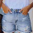 Pink Queen Women's High Waisted Denim Shorts Casual Ripped Summer Hot Short Jeans Frayed Distressed Jeans Shorts with Pockets (Blue, L)