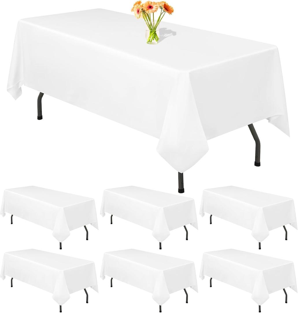 Teruntrue 6 Packs White Polyester Tablecloth 60 x 102 inch Rectangle Table Cloth for 6 Foot Tables Wrinkle Resistant Washable Fabric Table Cover Polyester White Table Cloth for Party,Wedding, Banquet