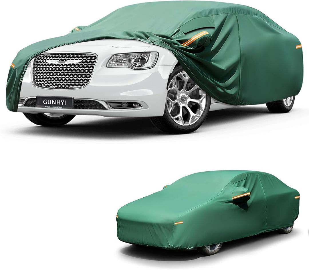 Car Cover Waterproof All Weather, 16-Layer Heavy Duty Full Exterior Cover with Vents, Spare Windproof Straps & Towel, Winter Snow/Ice/Rain Protection, Fit Sedan Chrysler 300, Lexus ES350. (A7-Fit Sedan Length 193 to 208 Inch, green)