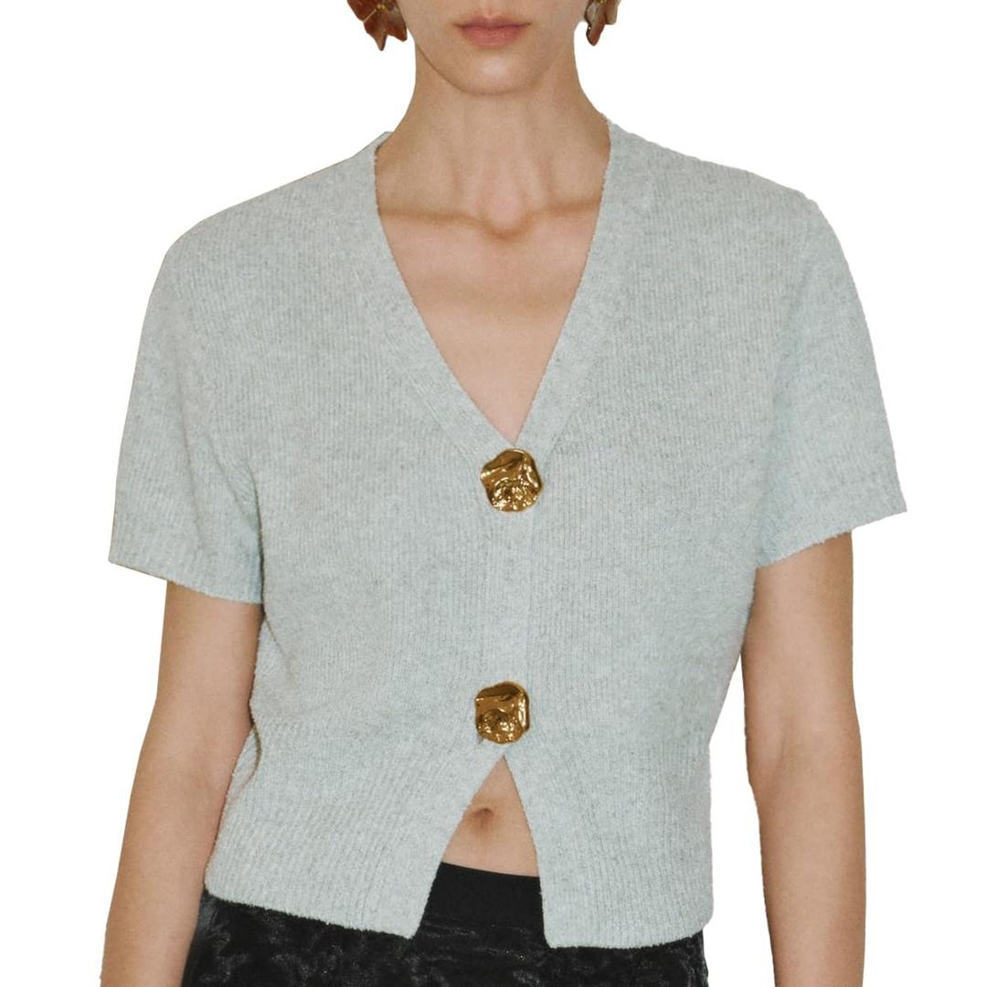 URBAN REVIVO Women's Cardigan Sweaters Short Sleeve V Neck Gold Button Down Cropped Knit Casual Summer Tops Grey, XS
