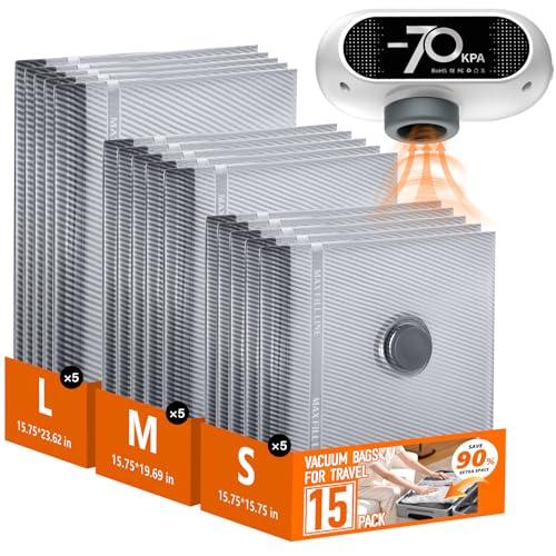 Snocod Travel Vacuum Bags with Wireless Pump, 15 Pack Vacuum Storage Bags with Powerful -70KPa Suction, for Maximum Compression in Luggage, Travel and Home Use for Clothes and Blankets.