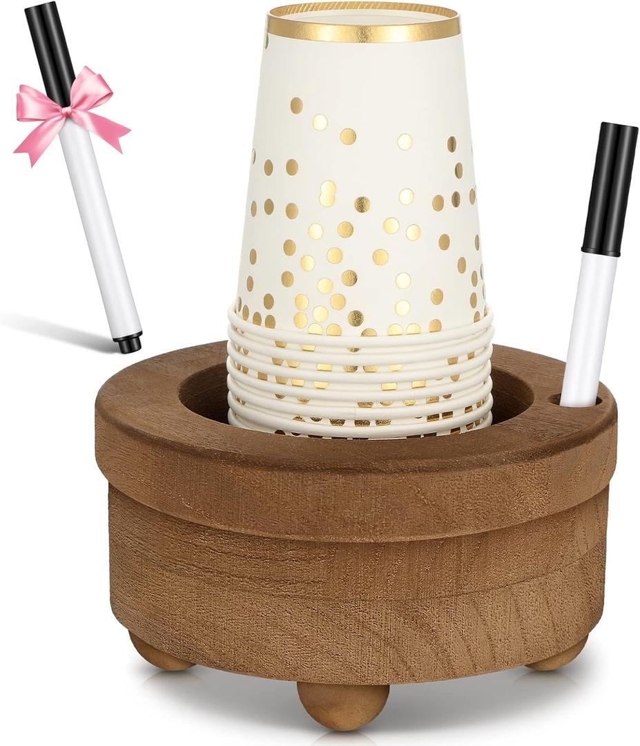 1 Pcs Wooden Cup Holder with Marker Slot Brown Cup Holder Dispenser Disposable Mug Dispenser for Party Decoration Bathroom Kitchen Showers Picnic Housewarming Couples Gift (Classic Style)