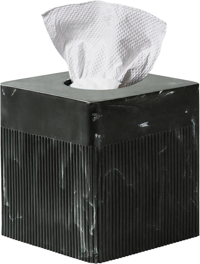 Tissue Box Cover Square Resin Tissue Holder for Home Decor, Hand Poured Marble Tissue Box Holder, 5 x 5 x 5.5 inches, Black