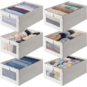 6 Pack Closet Storage Bins, 15.9 x 11 x 6.7 Foldable Closet Organizer Bins with Clear Window, Cotton Linen Closets Baskets for Clothing Organization, Foldable Fabric Organizer, Beige