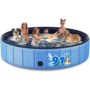 Foldable Dog Pool for Large Dogs, 91 Collapsible Hard-Side Dog Swimming Pool, Leakproof PVC Portable Pet Bath Tub & Kiddie Pool, Non-Slip Bottom, Indoor & Outdoor, Blue