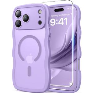 DOMAVER for iPhone 17 Pro Case for Women, 1X Screen Protector+1X Wrist Strap, [Compatible with MagSafe] [Full Camera Protection] Cute Wave Frame Matte Phone Case for iPhone 17 Pro 6.3", Light Purple