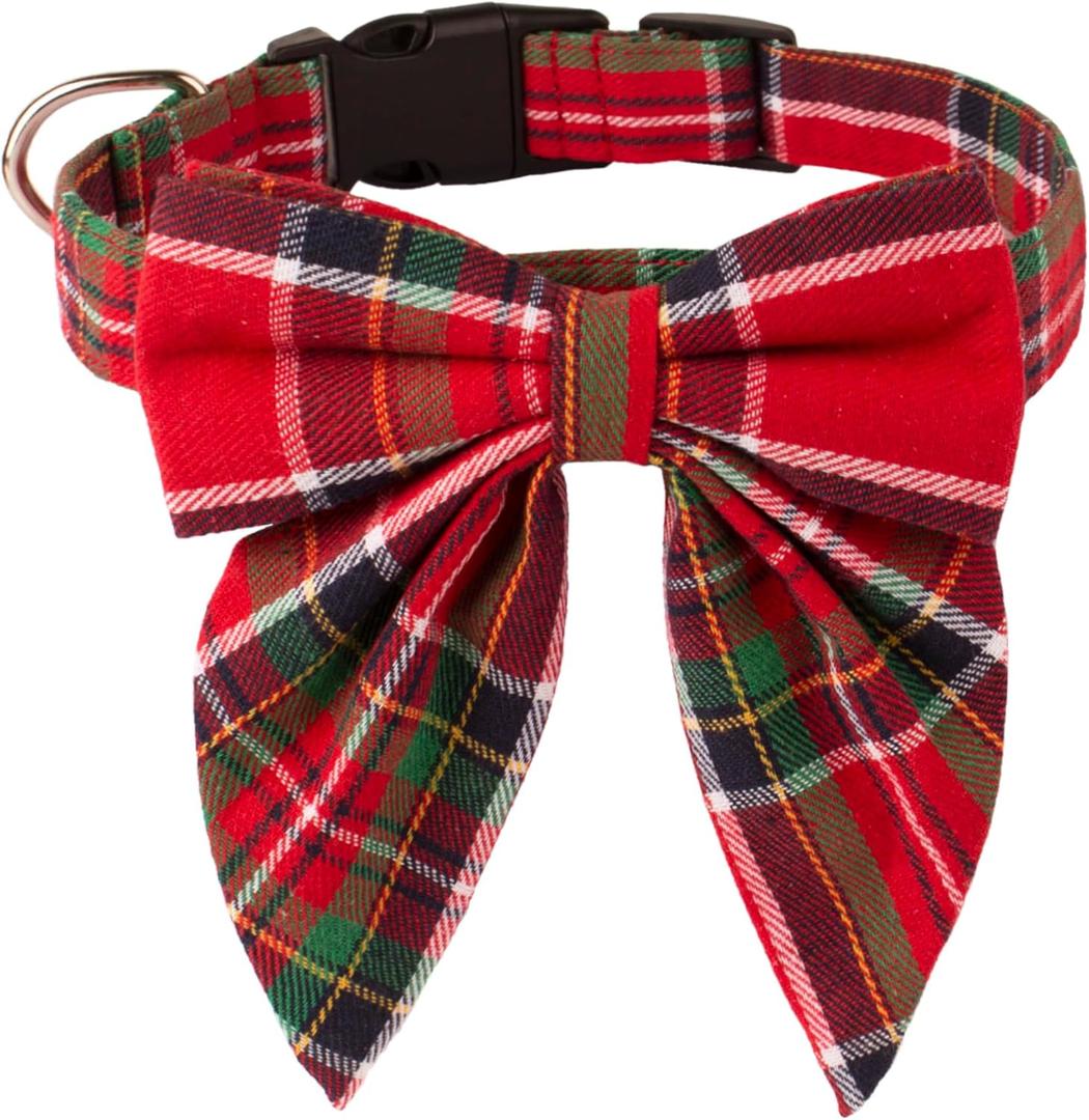 ADOGGYGO Christmas Dog Collar with Bow, Adjustable Cotton Red Green Plaid Bowtie Dog Christmas Collars for Small Medium Large Dogs Pets (Large, Xmas)
